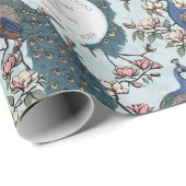 ボタニカル ブルー ウェディング ピーコック & フラワーズ ラッピングペーパー (ロールコーナー)
