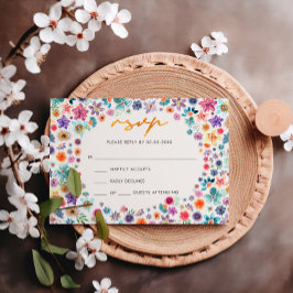 ボタニカル・ボホ・シック・ベージュゴールドの野生の花の結婚式 出欠カード