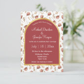 ボタニカル ボーホー ゴールド レッド アーチ フォト 秋 ウェディング 招待状 (スタンド正面)