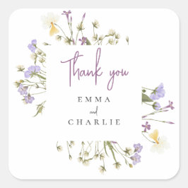 ボタニカル ボーホー ワイルドフラワーズ ライラック スクリプト ウェディング スクエアシール