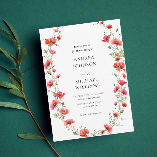 ボタニカル ポピー フレーム 花 ハート スクリプト 結婚式 招待状