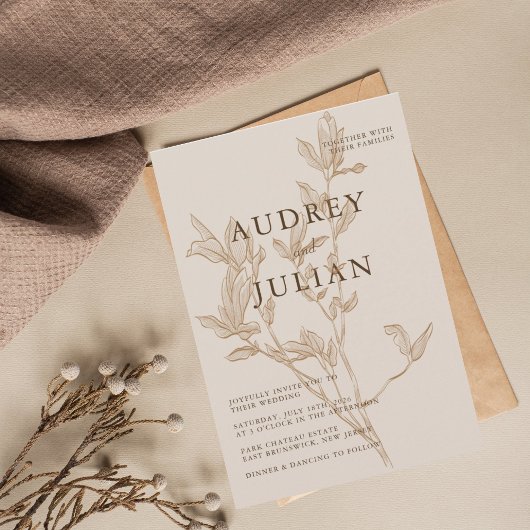 ボタニカル モカ リーフ ウェディング 招待状