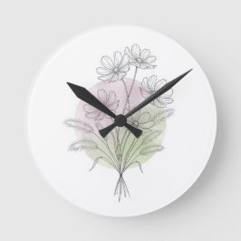 ボタニカル ラインアート シダ 野の花 ブッシュ グリーン ラウンド壁時計