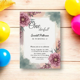 ボタニカル ラスティック 水彩 フラワーフレーム 1歳 誕生日 招待状