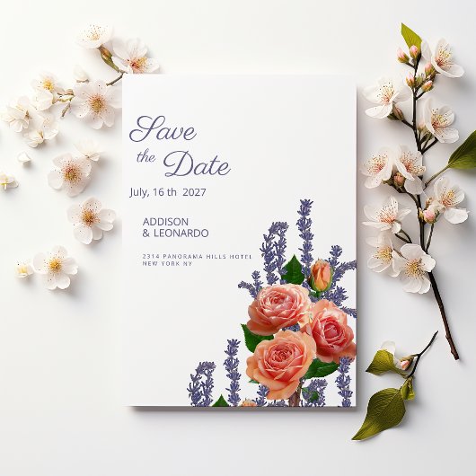 ボタニカル ラベンダー ピーチ ローズ 花 結婚式の延期案内状 招待状