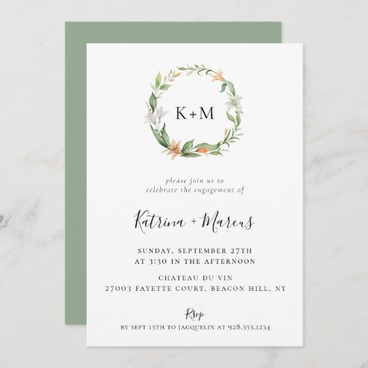 ボタニカル リリー フラワーリース 婚約 招待状 (正面/裏面)