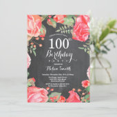 ボタニカル レッド フローラル 100歳の誕生日招待状 招待状 (スタンド正面)