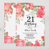 ボタニカル レッド フローラル 21歳の誕生日招待状 招待状 (正面/裏面)