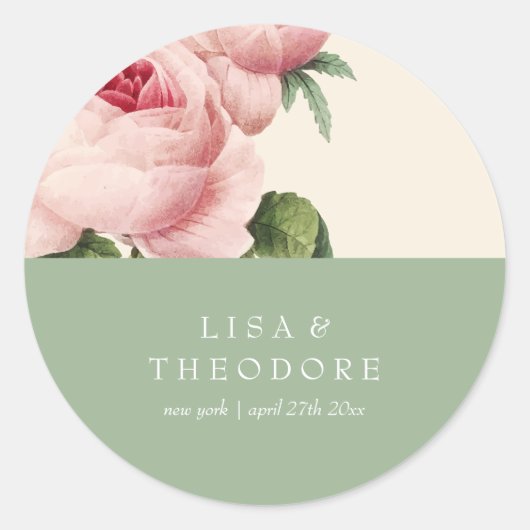 ボタニカ |ピンクとセージのヴィンテージの花結婚の種類 ラウンドシール (正面)