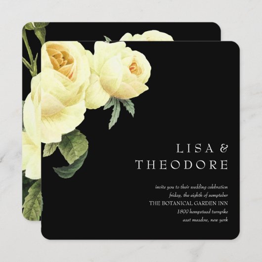 ボタニカ |ブラックイエローヴィンテージバラ結婚ズ 招待状 (正面/裏面)
