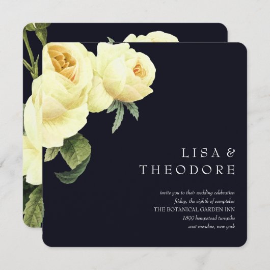ボタニカ |ブルーイエローヴィンテージバラ結婚ズ 招待状 (正面/裏面)