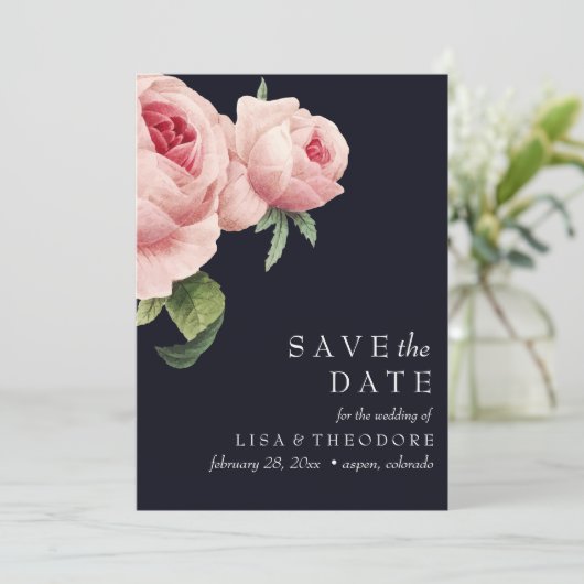 ボタニカ |青いヴィンテージピンクのバラ日付を保存 招待状 (スタンド正面)