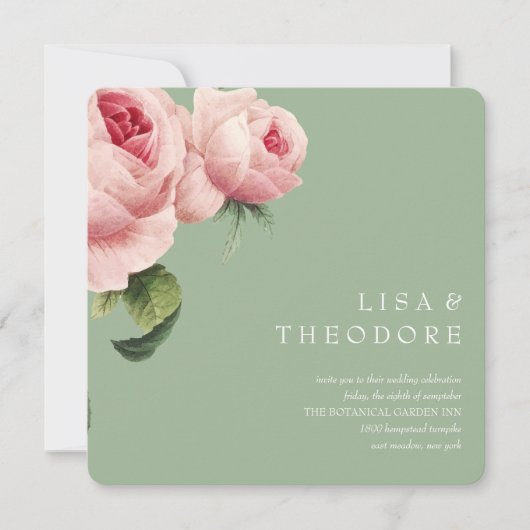 ボタニカ | Sageヴィンテージピンク結婚ローズ 招待状 (正面)