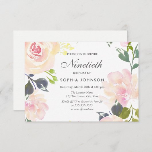 ボタニッエレガントクフローラ90番目の誕生日招待状 招待状 (正面/裏面)