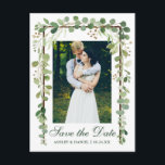 ボタニッエレガントク写真グリーン日付を保存 案内ポストカード<br><div class="desc">エレガントモダン植物緑ユーカリ葉婚約、木枠、日付を保存する写真はがき</div>