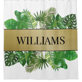 ボタニッエレガントク緑のフェイク金ゴールドヤシ シャワーカーテン