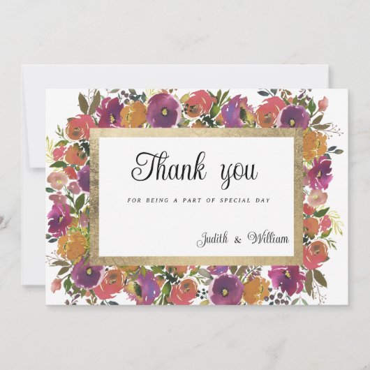 ボタニックパープルオレンジピンク金ゴールドフローラありがとう 招待状 (正面)