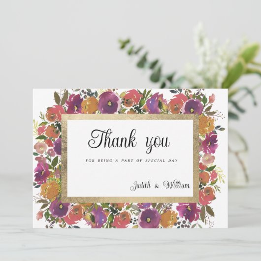ボタニックパープルオレンジピンク金ゴールドフローラありがとう 招待状 (スタンド正面)