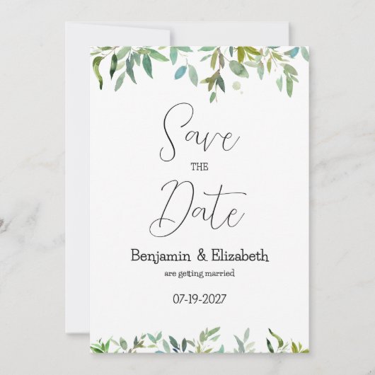 ボタニックミント濃い緑の葉デートを保存 招待状 (正面)