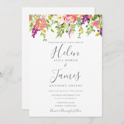 ボタニックモモパープルフラワーズ結婚式招待状 招待状 (正面/裏面)