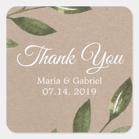 ボタニッシンプルク・グリーン・クラフト結婚ズ・サンキュー スクエアシール (正面)