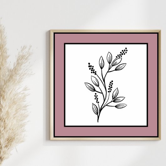 ボタニッミニマルクのリーフラインアートモーヴプラム縁ど ポスター