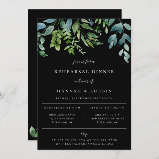 ボタニッモダンクの緑の黒のリハーサルディナー 案内状 (正面/裏面)