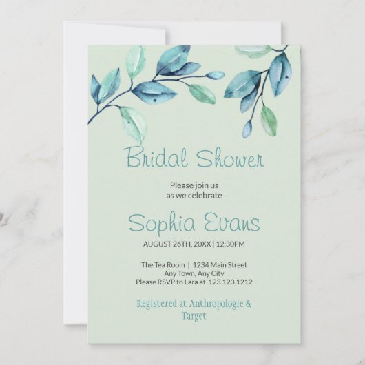 ボタニッモダンクグリーン葉ブライダルシャワー 招待状 (正面)