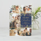 ボタニッモダンク金ゴールドスクリプトブルーフォトクリスマス シーズンカード (スタンド正面)