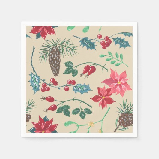 ボタニッ伝統的クのクリスマス（ベージュ） スタンダードカクテルナプキン (正面)