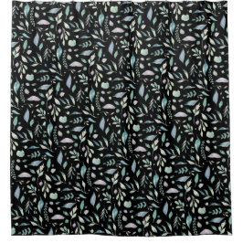 ボタニッ伝統的クの葉柄の青が黒に シャワーカーテン