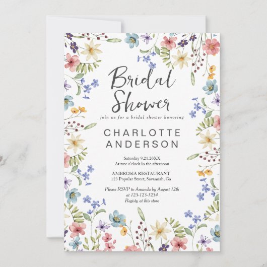 ボタニッ素朴クワイルドフラワーホワイトブライダルシャワー 招待状 (正面)