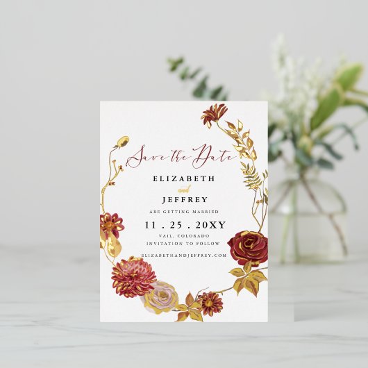 ボタニッ素朴ク秋の秋日付を保存 箔招待状ポストカード (立ち正面)