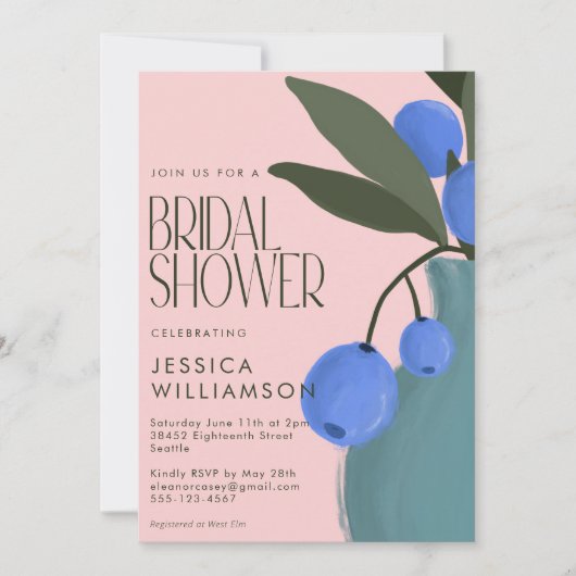 ボタニッ絵画クスブルーピンクフローラブライダルシャワー 招待状 (正面)