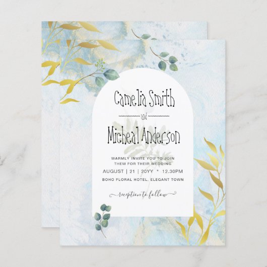 ボタニッ芸術品を気取ったク緑化金ゴールド結婚式招待状 (正面/裏面)