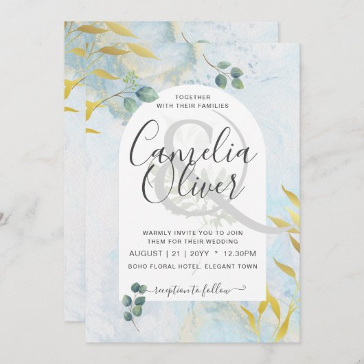 ボタニッ芸術品を気取ったク緑化金ゴールド結婚式招待状 (正面/裏面)