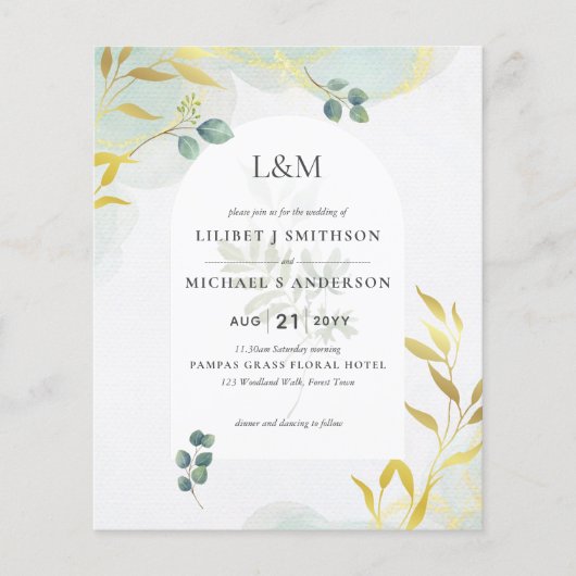 ボタニッ芸術品を気取ったク緑化金ゴールド結婚式招待状 チラシ (正面)
