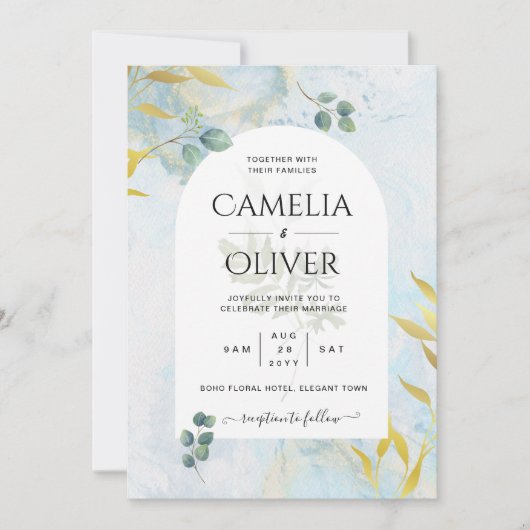 ボタニッ芸術品を気取ったク緑化金ゴールド結婚式招待状 招待状 (正面)