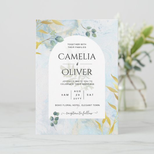 ボタニッ芸術品を気取ったク緑化金ゴールド結婚式招待状 招待状 (スタンド正面)