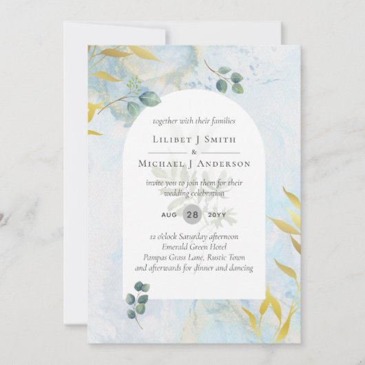 ボタニッ芸術品を気取ったク緑化金ゴールド結婚式招待状 招待状 (正面)