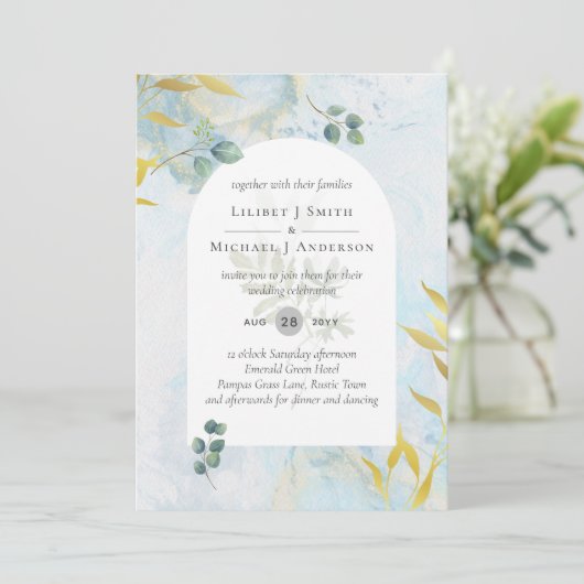 ボタニッ芸術品を気取ったク緑化金ゴールド結婚式招待状 招待状 (スタンド正面)
