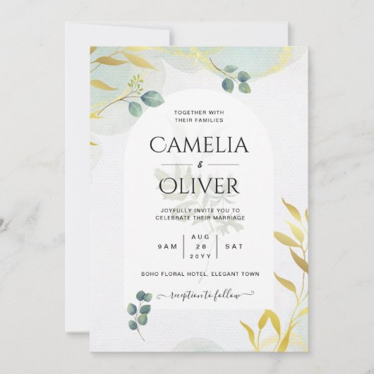 ボタニッ芸術品を気取ったク緑化金ゴールド結婚式招待状 招待状 (正面)