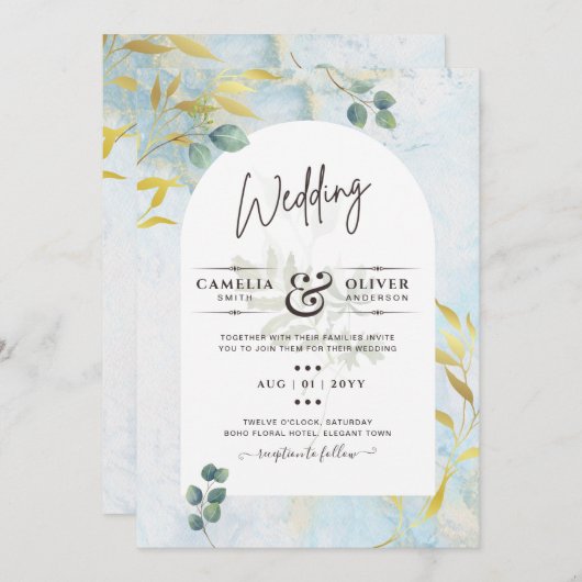 ボタニッ芸術品を気取ったク緑化金ゴールド結婚式招待状 招待状 (正面/裏面)