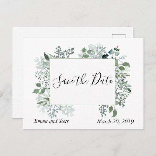 ボタニッ葉クの葉の結婚式の日付を保存 案内ポストカード (正面/裏面)