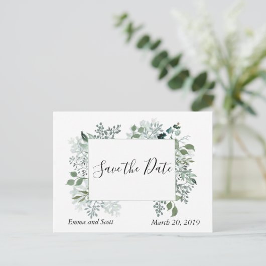 ボタニッ葉クの葉の結婚式の日付を保存 案内ポストカード (スタンド正面)
