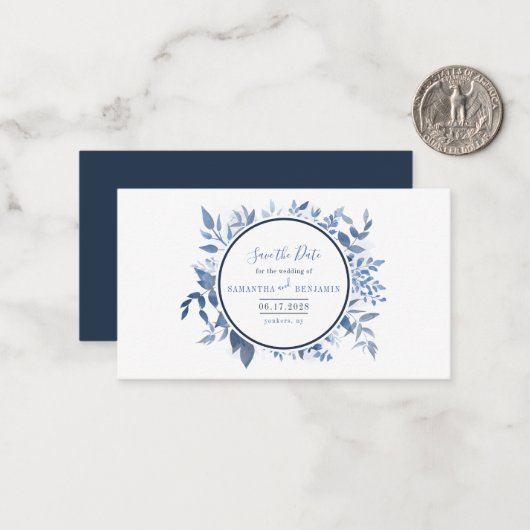 ボタニッ離れクスScript Navy Blue Save the Date ノートカード (正面/裏面インサイチュ)