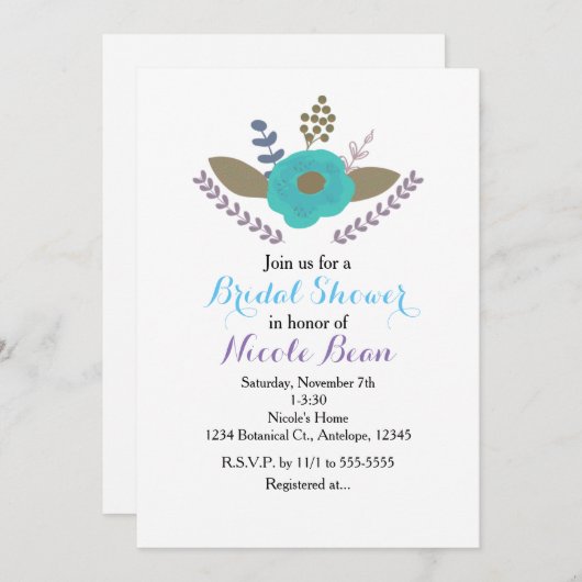 ボタニッ離れク&ティール(緑がかった色)ブルーフローラ招待状 招待状 (正面/裏面)