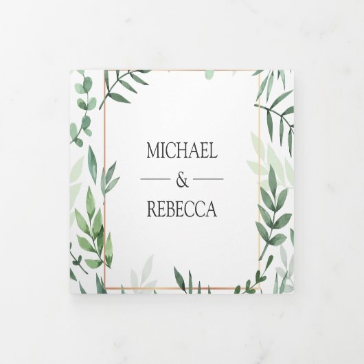 ボタニッ離れク・フォトコラージュの結婚緑 三つ折り招待状 (カバー)