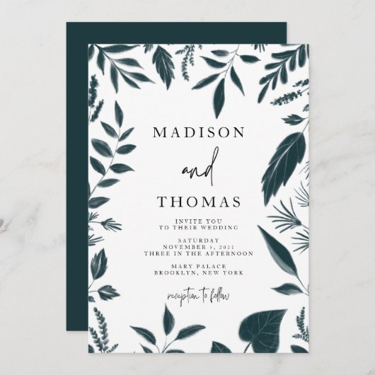 ボタニモダンカルティール(緑がかった色)ブルー結婚ズ 招待状 (正面/裏面)
