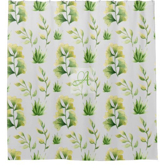ボタニモノグラムのック葉スウォーターカラーグリーンデコ シャワーカーテン (正面)